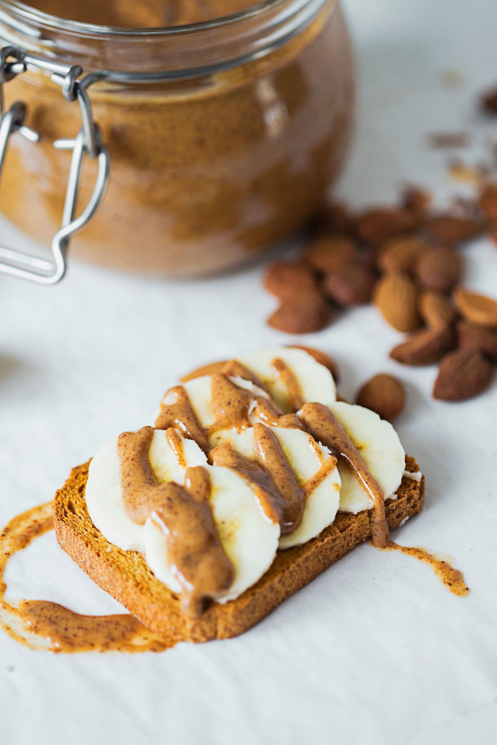 Almond butter toast with banana slices.