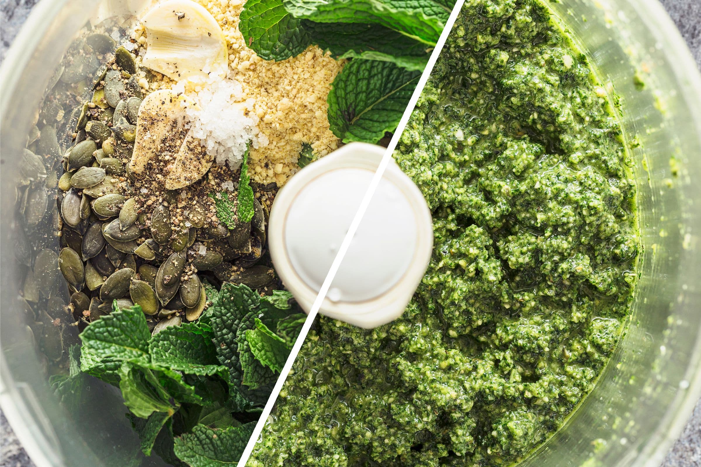 Top view with before and after comparison of raw ingredients and pesto.